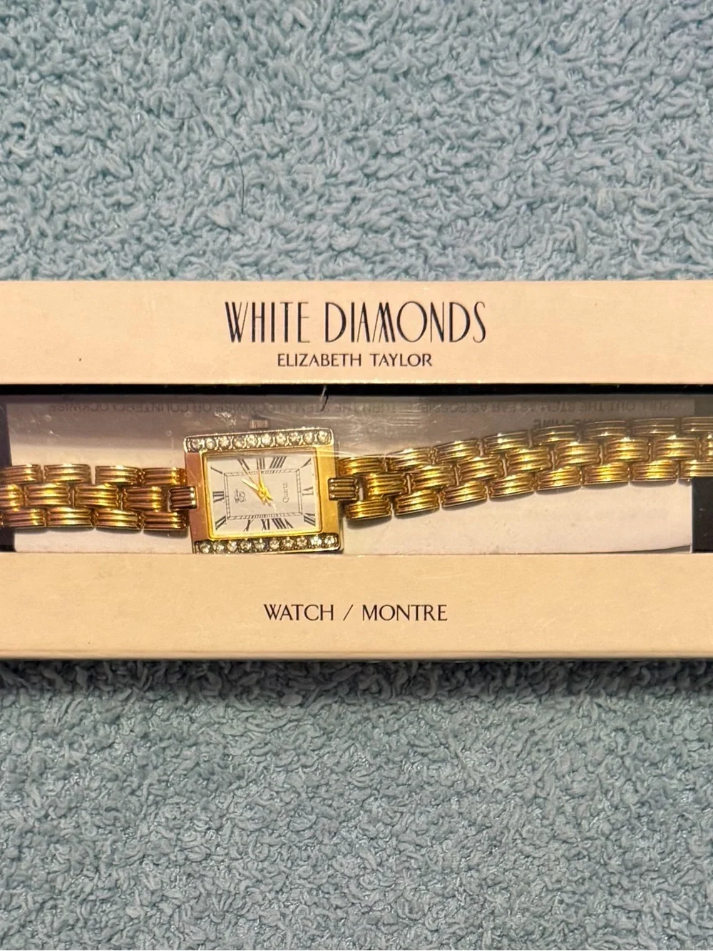 Vintage Elizabeth Taylor White Diamonds Gold Tone Wristwatch in Original Box